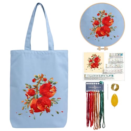 CREAWONDER Canvas Tote Bag Embroidery Kit with Pattern for Beginners, Arts and DIY Embroidery Crafts Kits for Adults, Include Instructions, Embroidery Hoops, Color Threads and Tool - color: CR002 shiliuranran lightblue