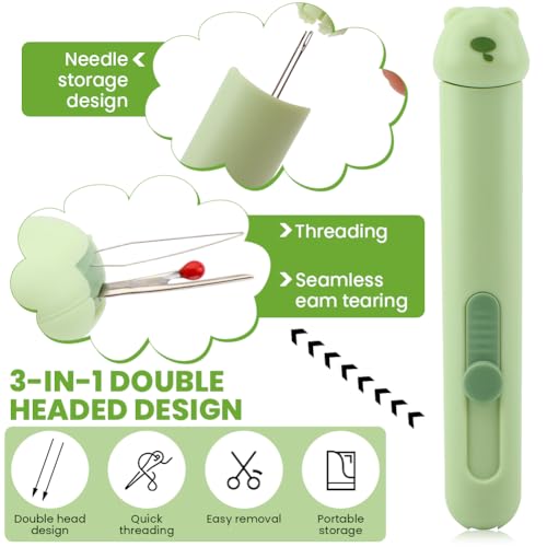 3 in 1 Automatic Needle Threaders Seam Ripper, 2Pcs Quilting Supplies Sewing Kit with Needle Storage for Sewing Crafting Thread Removing(Color:Green+White)