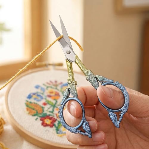 Crochet Scissors with Cover – Blue Gold Vintage Small Embroidery Scissors, Sharp Craft Scissors for Yarn Thread Sewing Needlework, Cute Bird Design Gift for Crocheter Quilter, 4.5 Inch - color: Yellow Blue