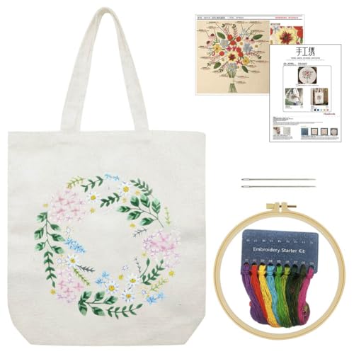 Yangshine Canvas Tote Bag Embroidery Kit with Pattern, Cross Stitch Kits for Beginners, Adults Arts Crafts Needlepoint Kit Include Embroidery Bag, Hoop and Instruction (Beige Bag, Flower) - color: Beige Bag, Flower