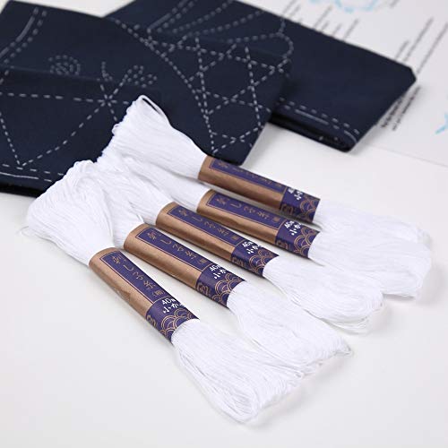 Sashiko kit, Yokota Sashiko Thread and Template Yume Fukin with Original English Manual, Fabric, Japanese Textile (White Thread/Navy Dishcloth 3) - color: White Thread / Navy Dishcloth 3