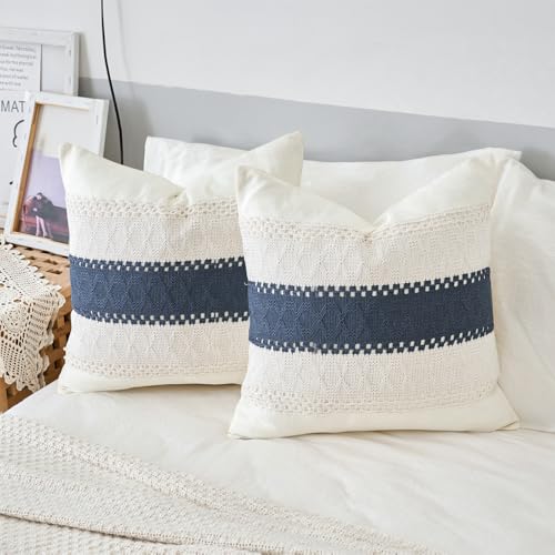 Throw Pillow Covers 1PC for Living Room, Cotton & Burlap, Boho Sytle Decorative Home (Beige & Blue, 16x16 Inch) - color: Beige & Blue, size: 16" x 16" (Pack of 1)
