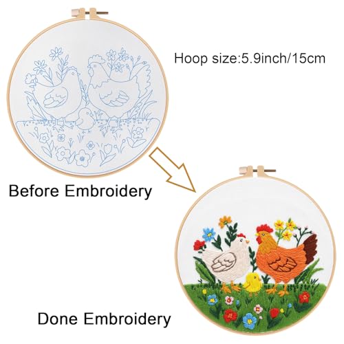 Louise Maelys Chicken Embroidery Kit for Beginners Farmhouse DIY - color: lawn