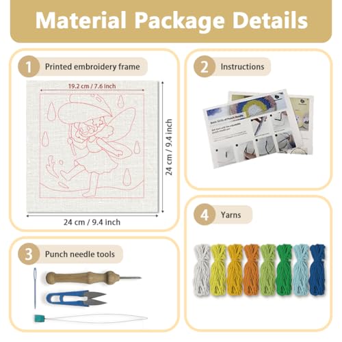 Doodlream Elf in the Summerrain Needle Kit for Beginner, 9.4"x 9.4" Cute Fairy Punch Stitching Craft Set, DIY Embroidery Starter with Printed Frame, Instruction, Threader, Yarn, Pinch Needle - color: Elf