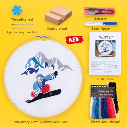 Embroidery Kit for Adult Beginners,Skiers Snow Mountain Embroidery Kit with Step-by-Step Instructions & Video,Printed Cloth,7.87" Hoop,Display Stand,Color Threads and Tools for Craft Lover(BES011) - color: Blue, black and red skier