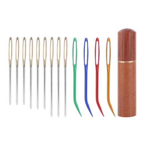 13pcs Large Eye Sewing Needles Kit, Stainless Steel Blunt & Bent Tapestry Needles with Wooden Case for Weaving Crochet Darning Yarn & Embroidery Knitting Crafts Projects Supplies Accessories
