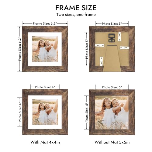 Hongkee 5x5 Picture Frame with Real Glass Wood Frame, 1 Pack (with Mat 4x4) - color: Rustic Brown, size: 5X5 in
