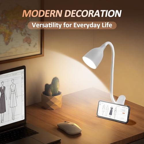 EJIAXIN Desk Lamp for Home Office - Clip on Reading Light and Bed Headboard Clamp Lamp, Bedside Gooseneck Table Lamp, Clip on Desk Lamps, Eye-Caring Desk Lamp for College Dorm Room Study Lamp, White