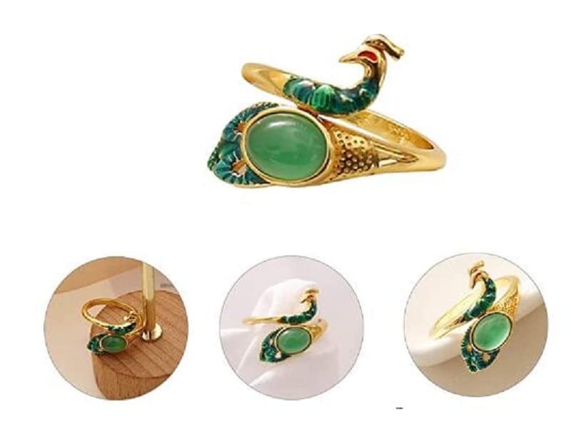 Knitting Loop Crochet Guide Ring Adjustable, Open Finger Rings DIY Leading Tool for Yarn Quilting, Fashionable Peacock Shaped Thimble with Emerald for Mother Grandma (2 Pack, Golden & Silver), bz01