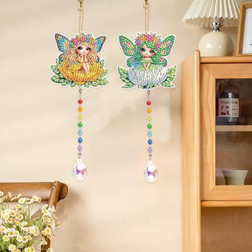 TDFERAN Diamond Pinting During Fairy Diamant Art Hanging Sign Onament Plant Pendants Wind Chimes Wall Hanging in Living Room Dorridor Diamond Art Hanging Sign Onamen Sunshine Catcher - color: Yellow fairy wind chime pendant