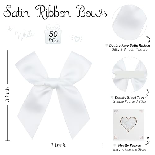 Self Adhesive White Satin Ribbon Bows for Crafts 3" (50 Pack) - color: White