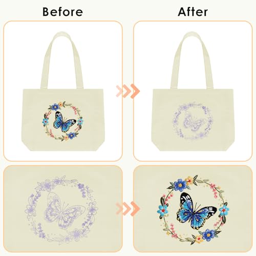ERKOON Canvas Tote Bag Embroidery Kit for Beginners, Floral Arts Crafts Cross Stitch Kits for Adults Including Stamped Embroidery Bag with Hoops, Needle, Instruction and Color Threads (Butterfly) - color: Butterfly-White