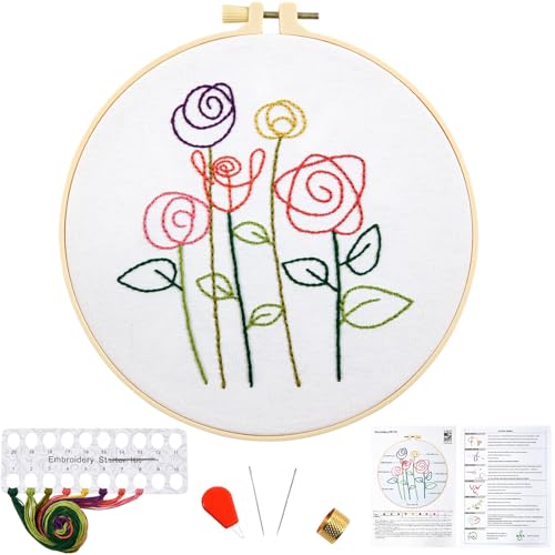 Easy Flower Embroidery Kits for Beginners Adults, Minimalism Embroidery Starter Kits, Counted Cross Stitch Kits for Beginners Adults Hobbies Set for Women, Embroidery Hoops, Thread and Video Tutorial - color: H2027