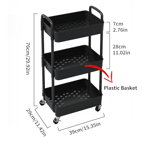 Sywhitta 3-Tier Plastic Rolling Utility Cart with Handle, Multi-Functional Storage Trolley for Office, Living Room, Kitchen, Movable Storage Organizer with Wheels, Black (Pack of 2) - color: Black, size: 3-tier (Pack of 2)
