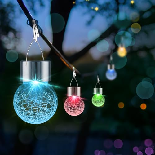 12 Pack Hanging Solar Lights Outdoor Decorative, Waterproof Solar Globe Lantern with Handle and Clip, Solar Powered Cracked Glass Ball Lights for Garden Yard Patio, Fence Tree Umbrella, Holiday Décor - color: Color Changing, size: 12