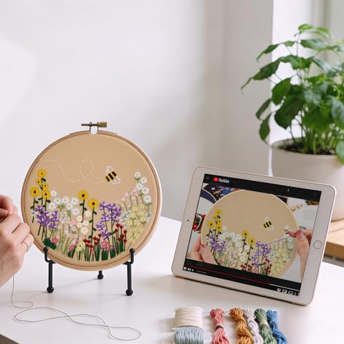 Flowers Embroidery Kits for Beginners Adults, Floral Hand Embroidery Set Needlepoint Kits, Stamped Cross Stitch Kits for Beginners Adults, 2 Embroidery Hoops, Fabric, Thread (Attached Video Tutorial) - color: Floral-2, size: 8inch