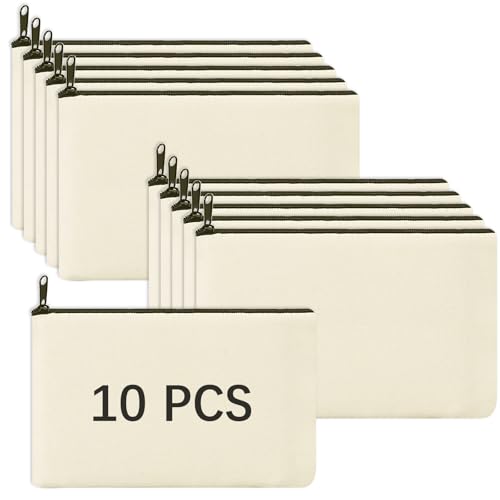OKBA 10 Pcs Blank Canvas Bag Zipper Pouch Makeup Bags Bulk - Multi-Purpose Canvas Pencil Pouch with Sturdy Zipper, Cosmetic Bag Travel Toiletry Bag for DIY Craft Projects, Storage (7.3 x 4.7 inches) - color: Blank canvas bags*10pcs