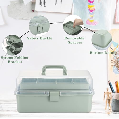 Tackle Box, 16-Inch Extra Large Art Storage Box with 3-Layer Folding Trays - color: Green