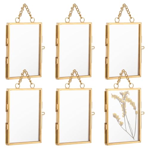 OLYCRAFT 6Pcs Wall Hanging Mini Photo Frames 2x3 Inch Double Glass Picture Frame with Chain Brass Folding Frame DIY Vintage Artwork Display Frames for Pressed Flowers Pictures Home Wall Decor - size: 2x3 Inch