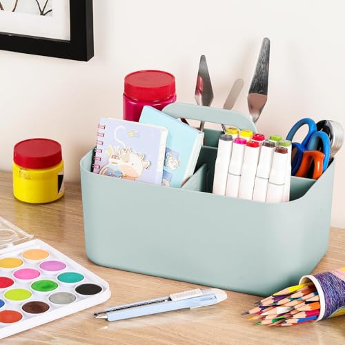 Multiuse Caddy Organizer with Handle, Portable Divided Plastic Tote Bin - Art Craft, Stationary Pen Marker Crayons, Makeup Hair Supplies Storage - Bathroom, Classroom, Dorm, Office, Desk Holder - Mint - color: Mint