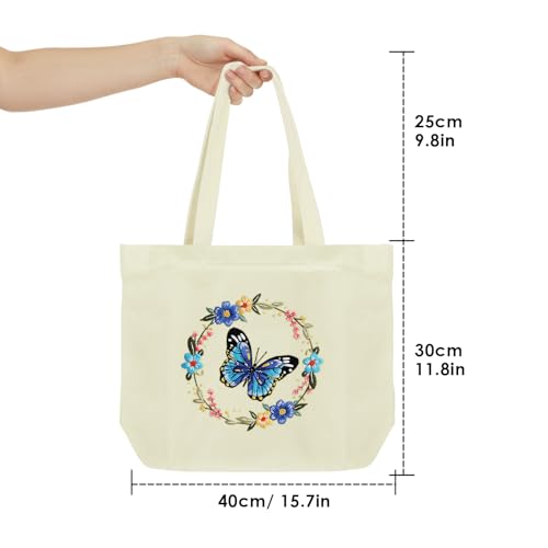ERKOON Canvas Tote Bag Embroidery Kit for Beginners, Floral Arts Crafts Cross Stitch Kits for Adults Including Stamped Embroidery Bag with Hoops, Needle, Instruction and Color Threads (Butterfly) - color: Butterfly-White