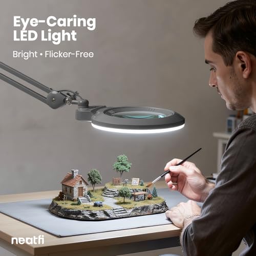 Neatfi XL Bifocal LED Magnifying Lamp, 7” Acrylic Lens, 2.25X/6X Magnification, 1,600 Lumens Dimmable | Hands-Free Close Work | Crafting, Jewelry & Reading (Silver, 7-inch Lens, Non-CCT with Clamp) - color: Silver, size: 7-inch Lens, Non-CCT with Clamp