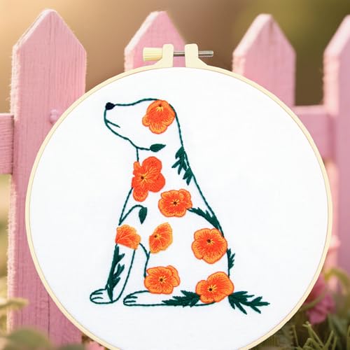 Crafmanoe Flowers Dog Embroidery Kits for Beginners Adults, Hand Embroidery Starter Kits, Stamped Cross Stitch Kits DIY Needlepoint Kit for Beginners Adults, Embroidery Hoop, Thread and Video Tutorial - color: H2074