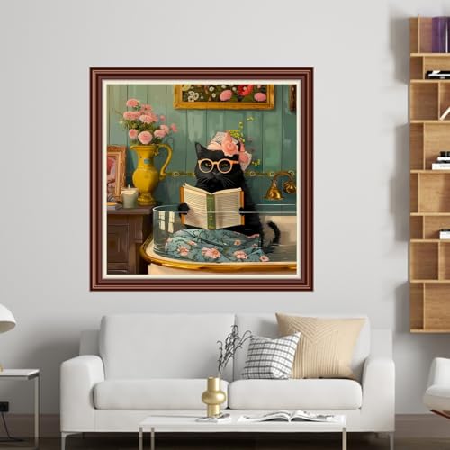 Dimensean Counted Cross Stitch Kit for Beginners, 11CT Unprinted Cross-Stitch Kit Easy Patterns Needlepoint Kit Cross Stitching Embroidery Kit Supplies-Cat Reading in the Water Tank 18x18 inch - color: DIYColor08