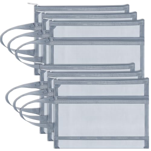 6 Pack Mesh Zipper Pouch Bags, Double Layer Nylon Pouch with Handle for Office Travel Organization (Grey, A4) - color: Grey, size: A4