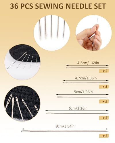 36 Pcs Sewing Tool Set, Premium Big Eye Steel Needles, Threader, Thimble, Seam Ripper & Threads Complete Needle Repair Kit for Hand Sewing