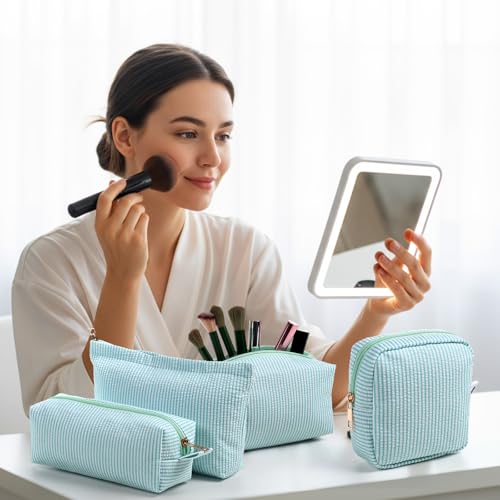 Sanwuta 4 Pcs Seersucker Pouch Striped Makeup Bag Set, Light Blue - color: Acid Blue