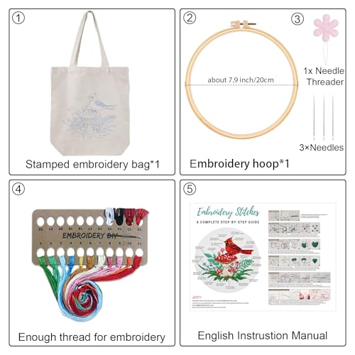 Louise Maelys Embroidery Kit, Cardinal Mushroom Canvas Tote Bag Craft Set - color: Cardinal