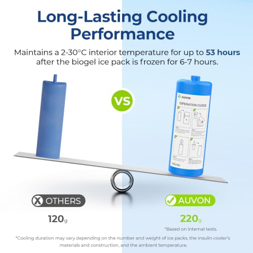 AUVON Large Vacuum Insulin Cooler Travel Case TSA Approved, 220g Ice Pack