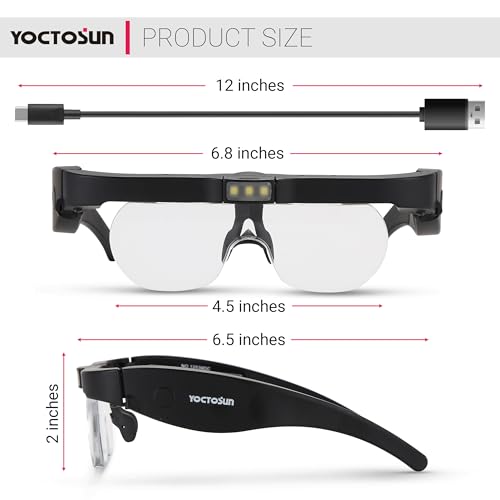 YOCTOSUN Magnifying Glasses with Light, Rechargeable Head Magnifier Glasses with 3 LED Lights and Detachable Lenses 1.5X, 2.5X, 3.5X, 5X, Magnifying Headset for Close Work Hobby Jewelry Crafts