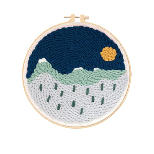 Night Mountain Punch Needle Kit for Adults – DIY Embroidery Craft Set with Pre-Printed Fabric, Hoop & Yarn, Beginner Friendly Home Decor Gift - color: landscape-night