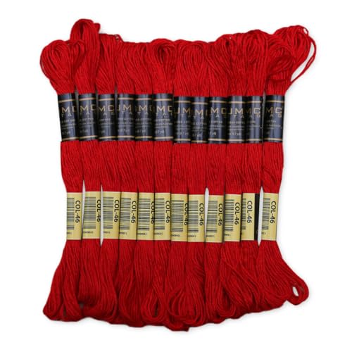 Pack of 12 Red Premium Embroidery Thread | 100% Egyptian Cotton Premium Skeins | Cross Stitch Embroidery Floss | Oeko TEX Certified Stranded Cotton | Ideal for Arts & Crafts (Bright Red 46) - color: Bright Red 46