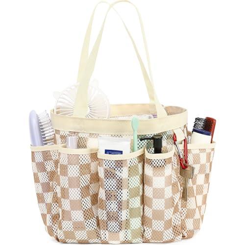 Fammart Mesh Shower Caddy Portable for College Dorm Room Essentials, Odorless Polyester Large Shower Tote Bag with Dual Handles, 8-Pocket Quick-Dry Toiletry Organizer for Travel, Beach, Camping, Gym - color: Multiple Pockets, 1 Pack - Khaki Checkered