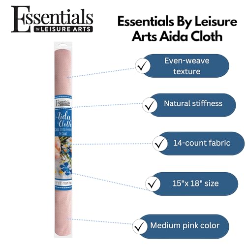 Essentials By Leisure Arts Aida Cloth, 14 Count, Medium Pink, Cross Stitch Fabric, Embroidery Fabric, Cross Stitch Supplies for Crafting, Stitching, and Sewing Projects 15X18