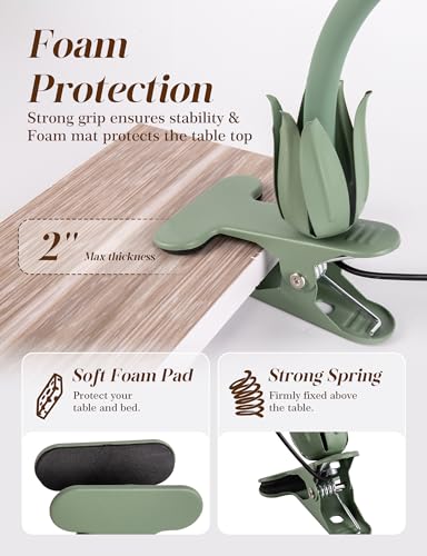 Flower Clip On Desk Lamp for Home and Dorm - Cute Floral Clip On Bedside Book Reading Light, Green Flower Bunk Bed Lighting, Kawaii Led Flexible Gooseneck Table Lamp for Headboard with Clamp - color: Green