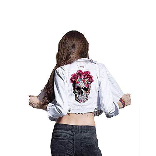 Skull Stickers Patches Halloween Supplies Red Rose Flower Butterfly Feather Iron on Heat Transfer Decals for Jacket Jeans Clothes DIY Decorations 3 Large Size Decals