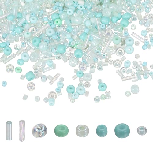 MECCANIXITY 5000 Pcs Mixed Glass Seed Beads, 1.5-6mm Mini Loose Glass Bugle Spacer Bead Embroidery Beads for DIY Craft Projects Earrings Necklaces Bracelets Jewelry Making, Mint Green - color: Mint Green