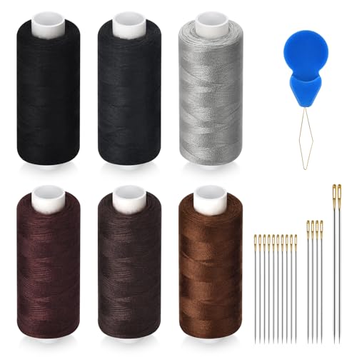6 Pcs Polyester Thread Kit - 400 Yards Each Spool, Sewing Threads for Machine & Hand Stitching, Embroidery, Includes Sewing Needle & Threader - color: dark color