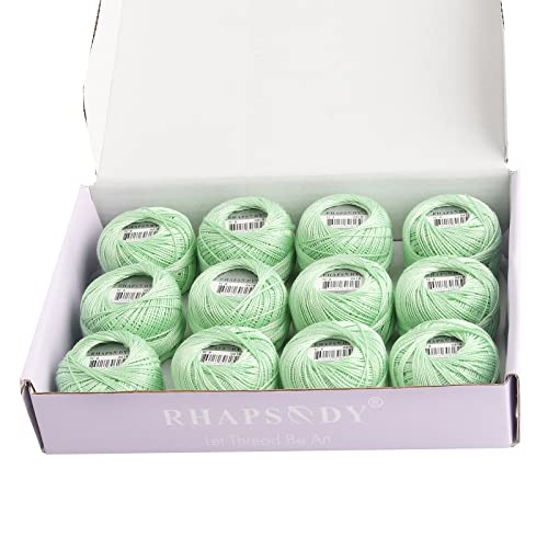 Rhapsody Pearl Cotton Thread Size 8 Crochet Thread Perle 12 Balls Set Hand Knitting, Embroidery, Sashiko, Cross-Stitch, Sewing, Needlepoint, DIY, Quilting (LT Nile Green, Col. 618) - color: LT Nile Green, Col. 618