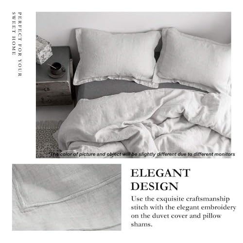 Simple&Opulence 100% Linen Duvet Cover Set with Embroidery Border Washed - 3 Pieces (1 Duvet Cover with 2 Pillow Shams) with Button Closure Soft Breathable Farmhouse - Light Grey, Queen Size - color: Light Grey, size: Queen
