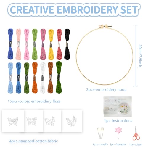 FREEBLOSS 4 Sets Embroidery Kit for Beginners Needlepoint Flower Butterfly Stamped Embroidery Starter Kit with Instructions, Needles, Threads, 2 Hoops 11.6"/29.5CM - style: Butterfly Flower