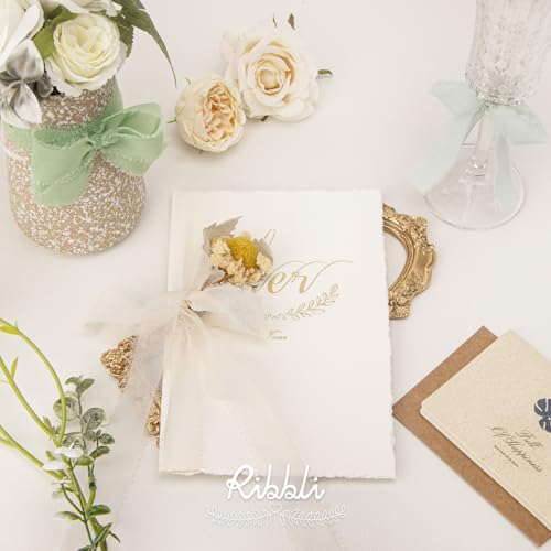 Ribbli Green Ribbon 1 Inch x 3 Rolls Total 24 Yards Ivory/Sage/Forest Green Handmade Fringe Chiffon Silk Ribbon for Wrapping Wedding Invitations Bridal Bouquets DIY Crafts Home Decor - color: Cream/Creamy Sage/Sage