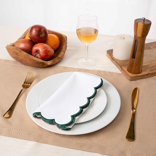 Blue Needles Cotton Scalloped Embroidery Cloth Napkins 17X17Inch - Set of 4 - color: White(edges - Green)