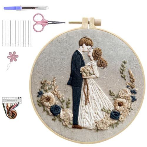 HCANPER Sweet Couple Embroidery Starter Kit, Valentine's Day Gifts，DIY Needle Punch Kit, Punch Needle Kits for Beginners,Include Pre-Printed Fabric,Tools,Embroidery Hoop,Threads. (One) - color: One
