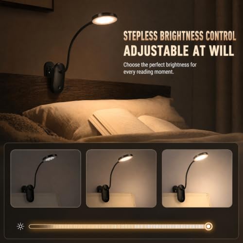 Clip on Light, Stepless Dimmable & 3 Colors Touch Control Clip On Bed Light. Dorm Room Essential 2600mAh Rechargeable Battery Powered Lamp. Flexible Clip On Lamp for Desk/Bedside/Headboard - color: Black