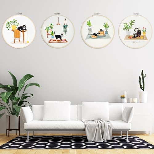 Bonroy 4 Sets Embroidery Set for Beginners, Art Craft, Easy Sewing, Includes Embroidery Clothing, Pattern, Embroidery Hoop, Instruction Manual, Colorful Thread Stitch Set (Cat) - color: Cat